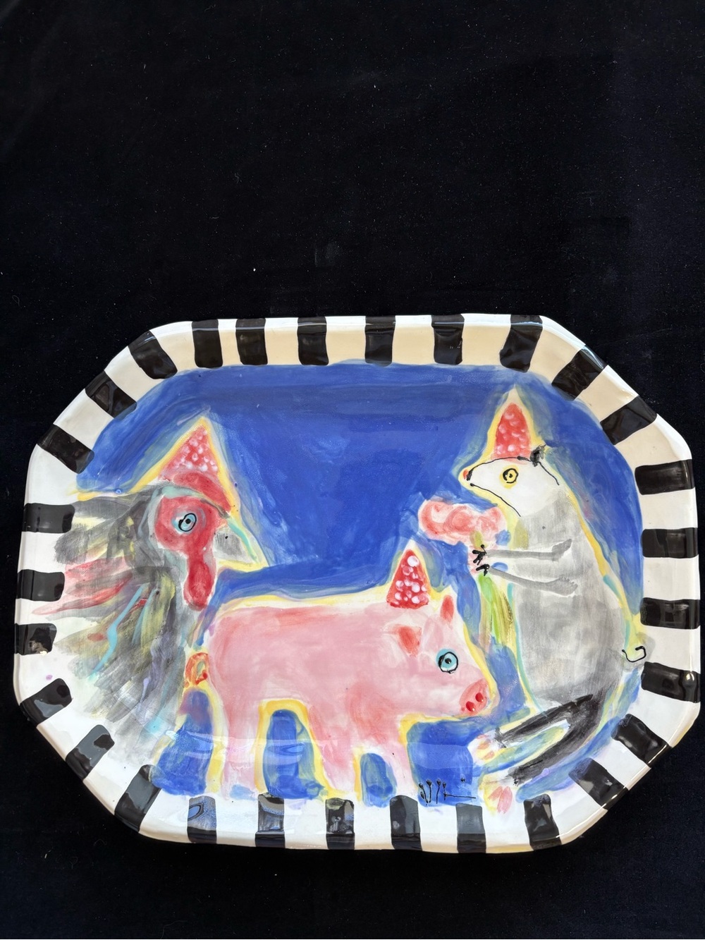 Barnyard Companions Ceramic 8 Sided Platter 13”x10” Handmade Original OOAK